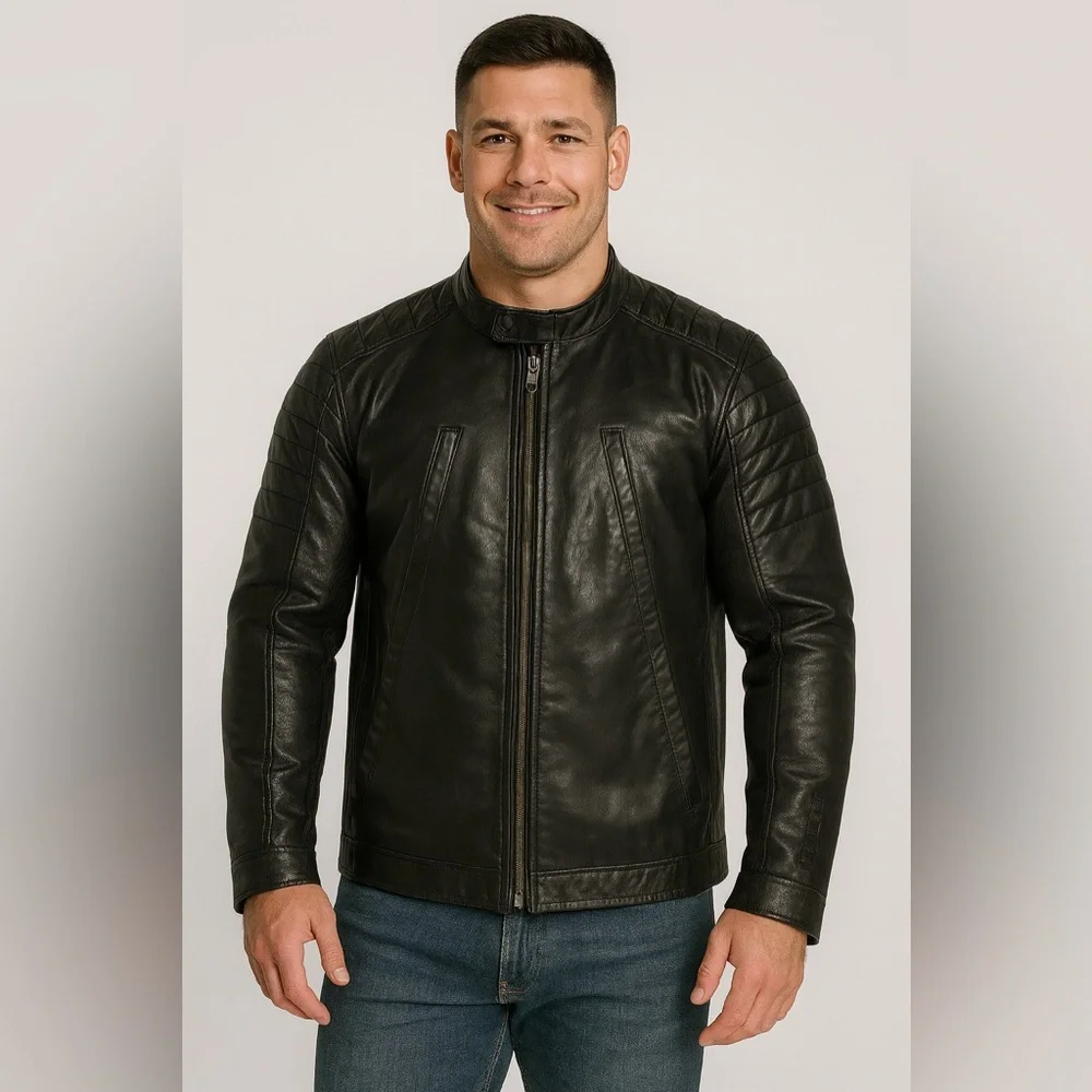 Tommy Hilfiger Men’s Black Leather Moto Jacket L | Genuine Leather Quilted Biker - Picture 1 of 10
